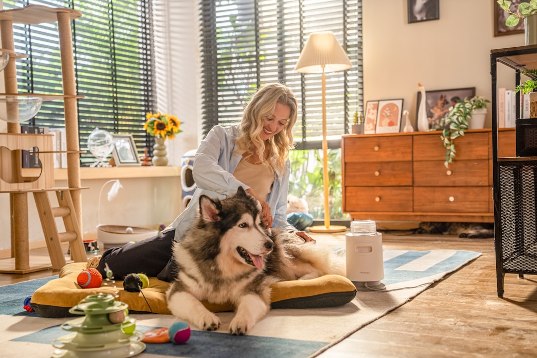 a happy woman sitting on the floor, grooming a large, fluffy dog using Neakasa vacuum grooming tool